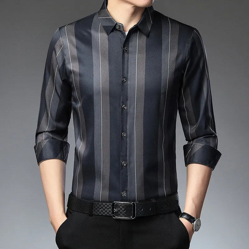 Square Collar Striped Pattern Casual Style Long Sleeve Shirt for Men