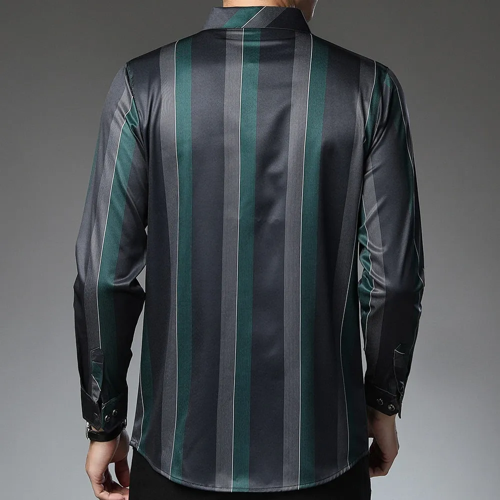 Square Collar Striped Pattern Casual Style Long Sleeve Shirt for Men