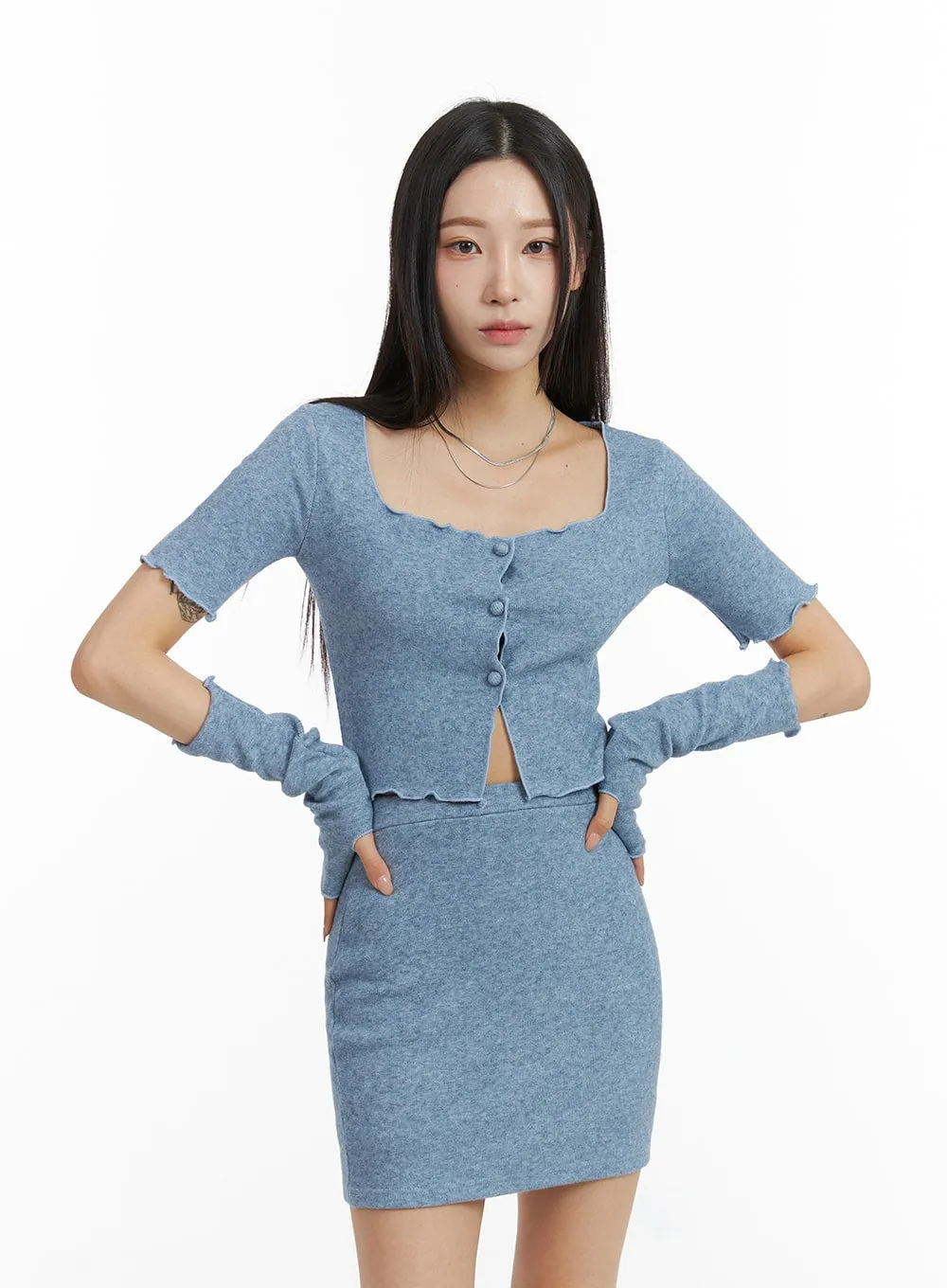 Square Neck Crop Tee with Hand Warmer Skirt Set CJ408