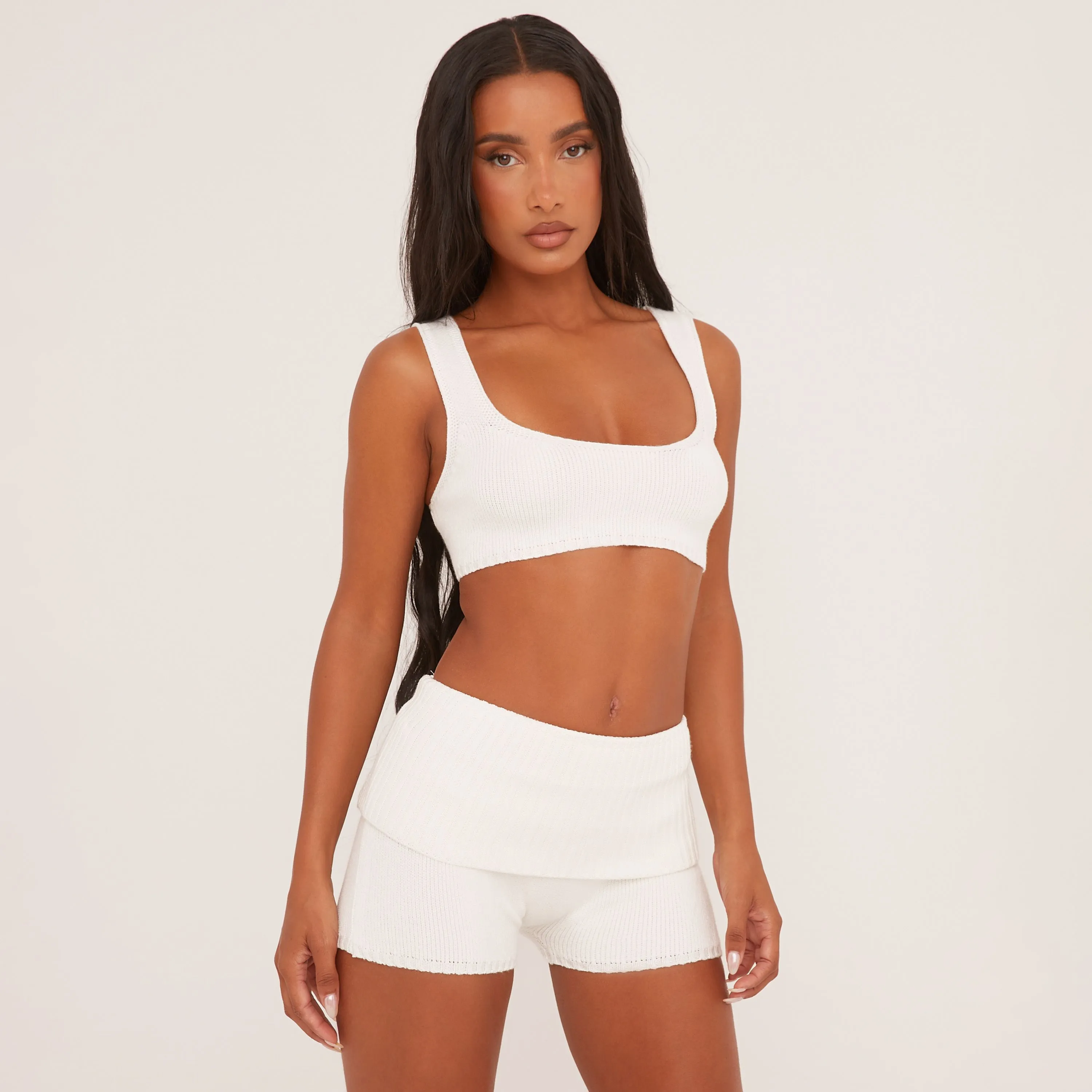 Square Neck Crop Top And Fold Over Waistband Shorts Co-Ord Set In White Knit