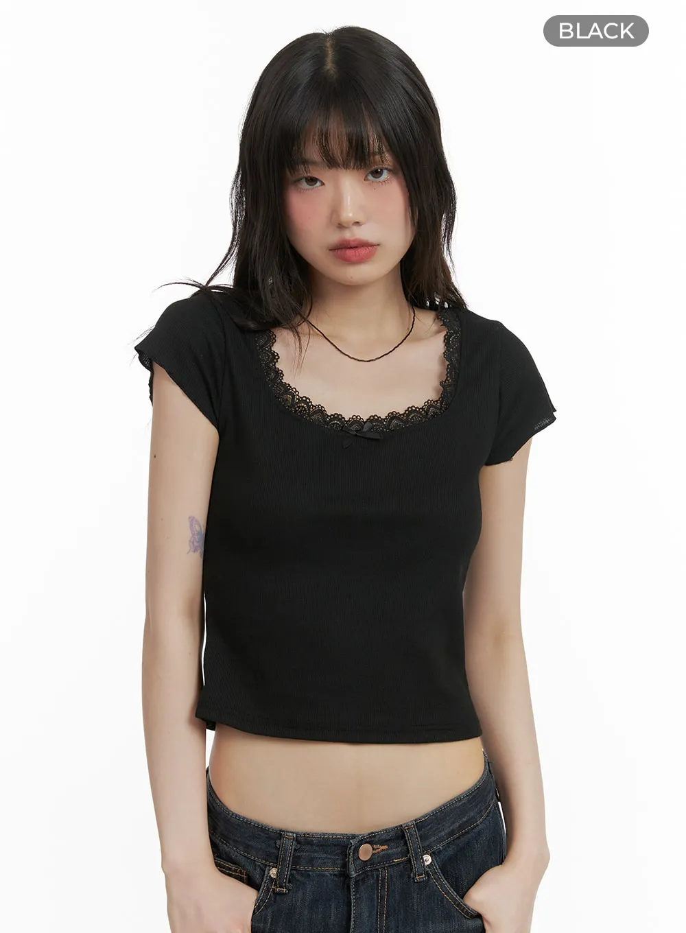 Square Neck Lace Trim Crop Top CA412