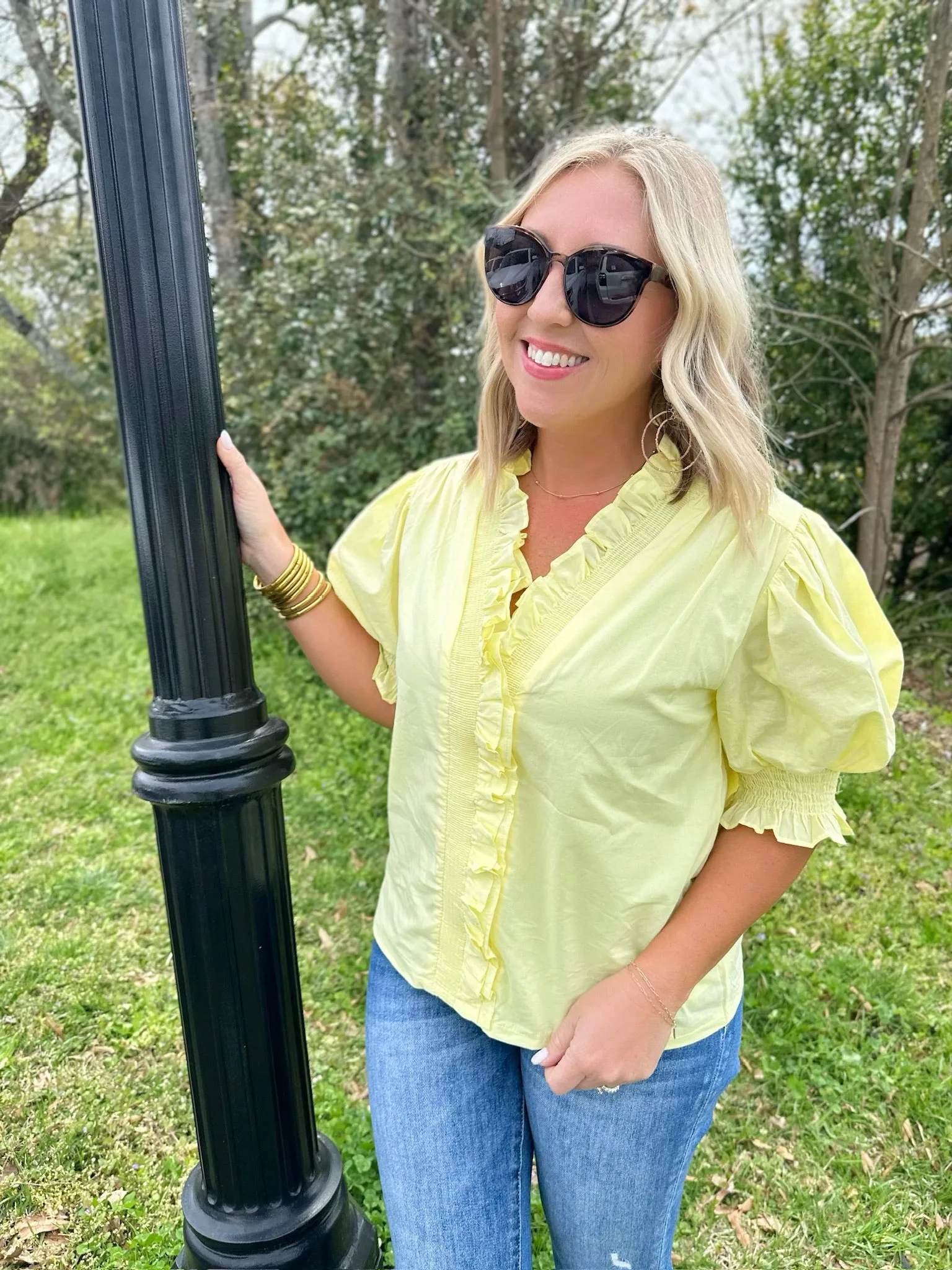 Sunny Days Ahead Yellow Smocked Ruffle Collar Short Sleeve Top