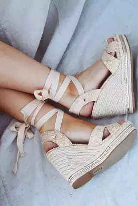 Tan Woven Espadrille Lace Up Wedges