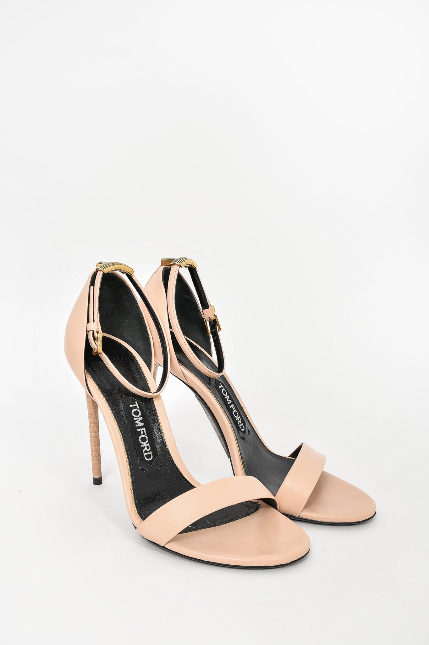 Tom Ford Pink Leather Heeled Sandals w/ Gold T sz 38.5