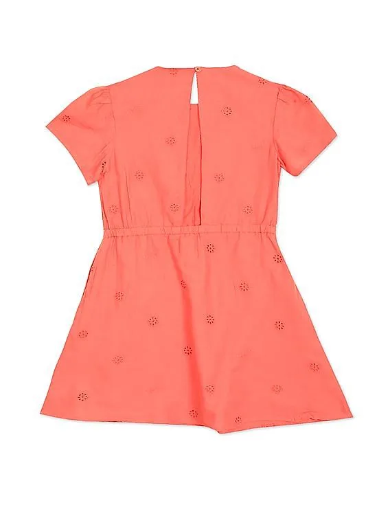 Tommy Hilfiger Kids Girls Coral Round Neck Hakoba Embroidered Dress