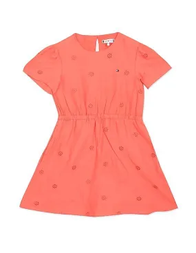 Tommy Hilfiger Kids Girls Coral Round Neck Hakoba Embroidered Dress