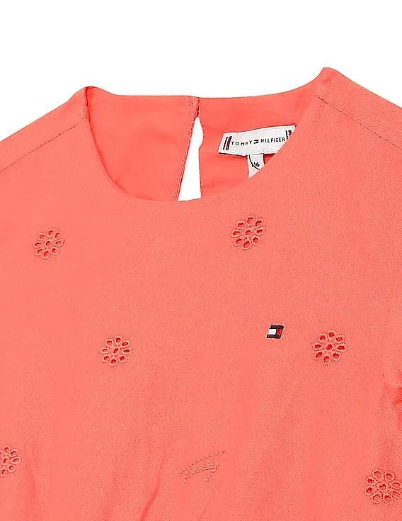 Tommy Hilfiger Kids Girls Coral Round Neck Hakoba Embroidered Dress