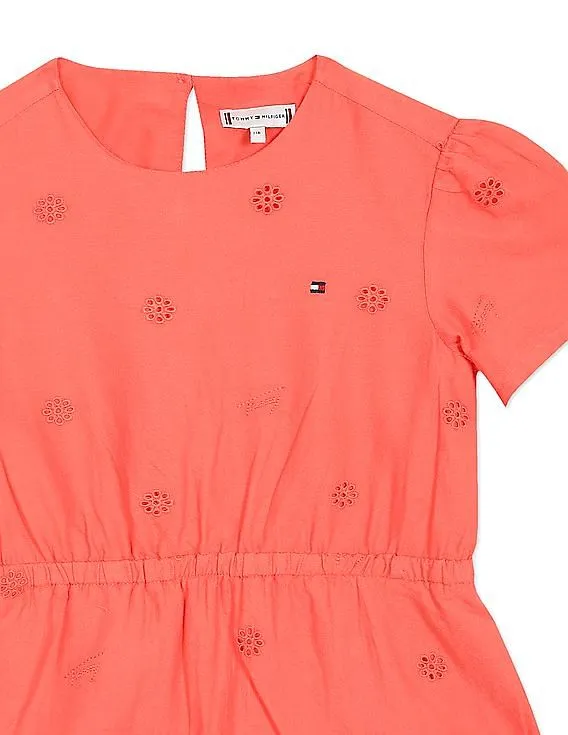 Tommy Hilfiger Kids Girls Coral Round Neck Hakoba Embroidered Dress