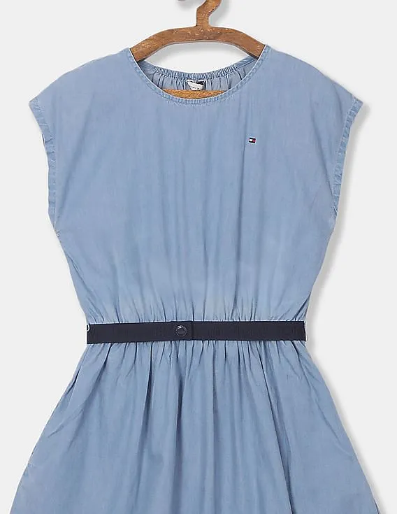 Tommy Hilfiger Kids Girls Light Blue Belted Waist Light Weight Denim Dress