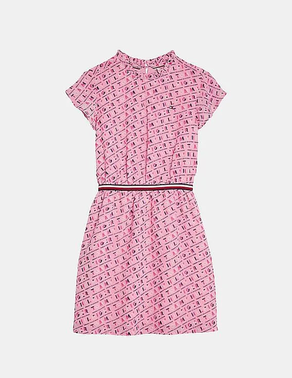 Tommy Hilfiger Kids Girls Pink Round Neck Allover Print Dress