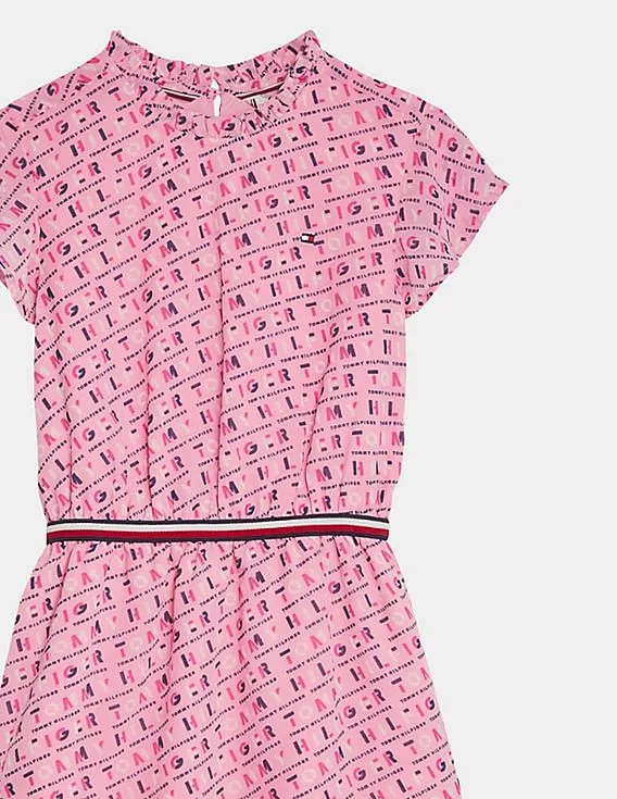 Tommy Hilfiger Kids Girls Pink Round Neck Allover Print Dress