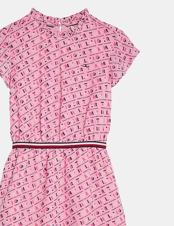 Tommy Hilfiger Kids Girls Pink Round Neck Allover Print Dress