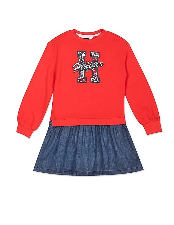 Tommy Hilfiger Kids Girls Red And Blue Colour Block Printed Twofer Dress