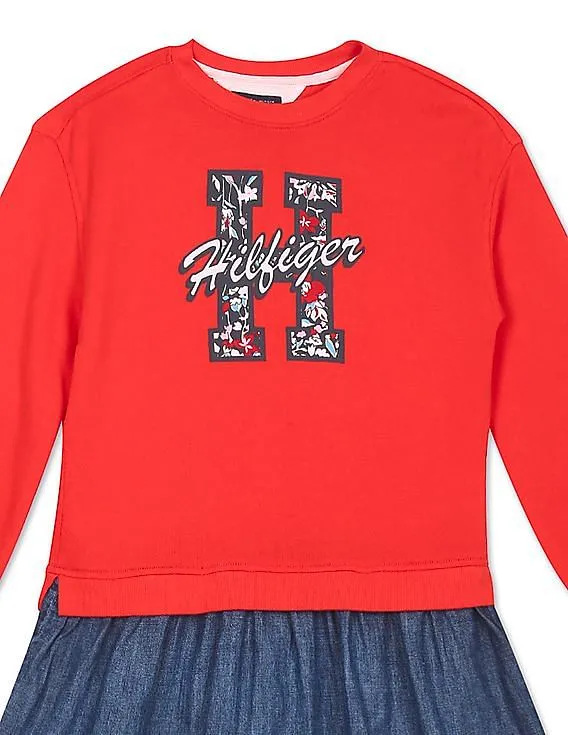 Tommy Hilfiger Kids Girls Red And Blue Colour Block Printed Twofer Dress