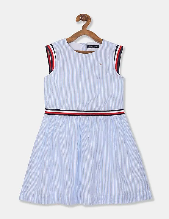 Tommy Hilfiger Kids Girls White And Blue Sleeveless Woven Striped Dress