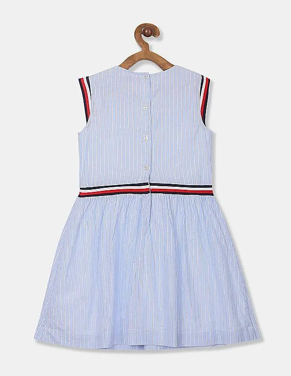 Tommy Hilfiger Kids Girls White And Blue Sleeveless Woven Striped Dress