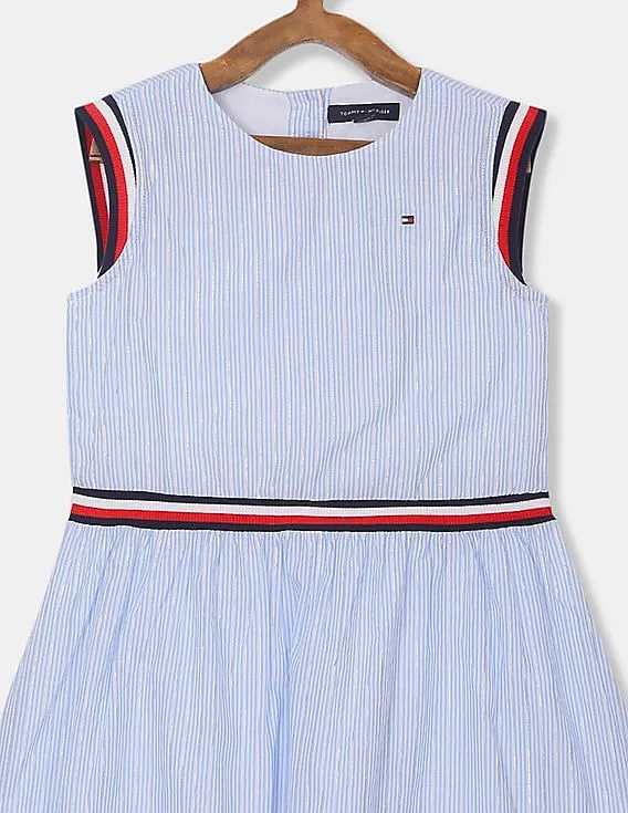 Tommy Hilfiger Kids Girls White And Blue Sleeveless Woven Striped Dress