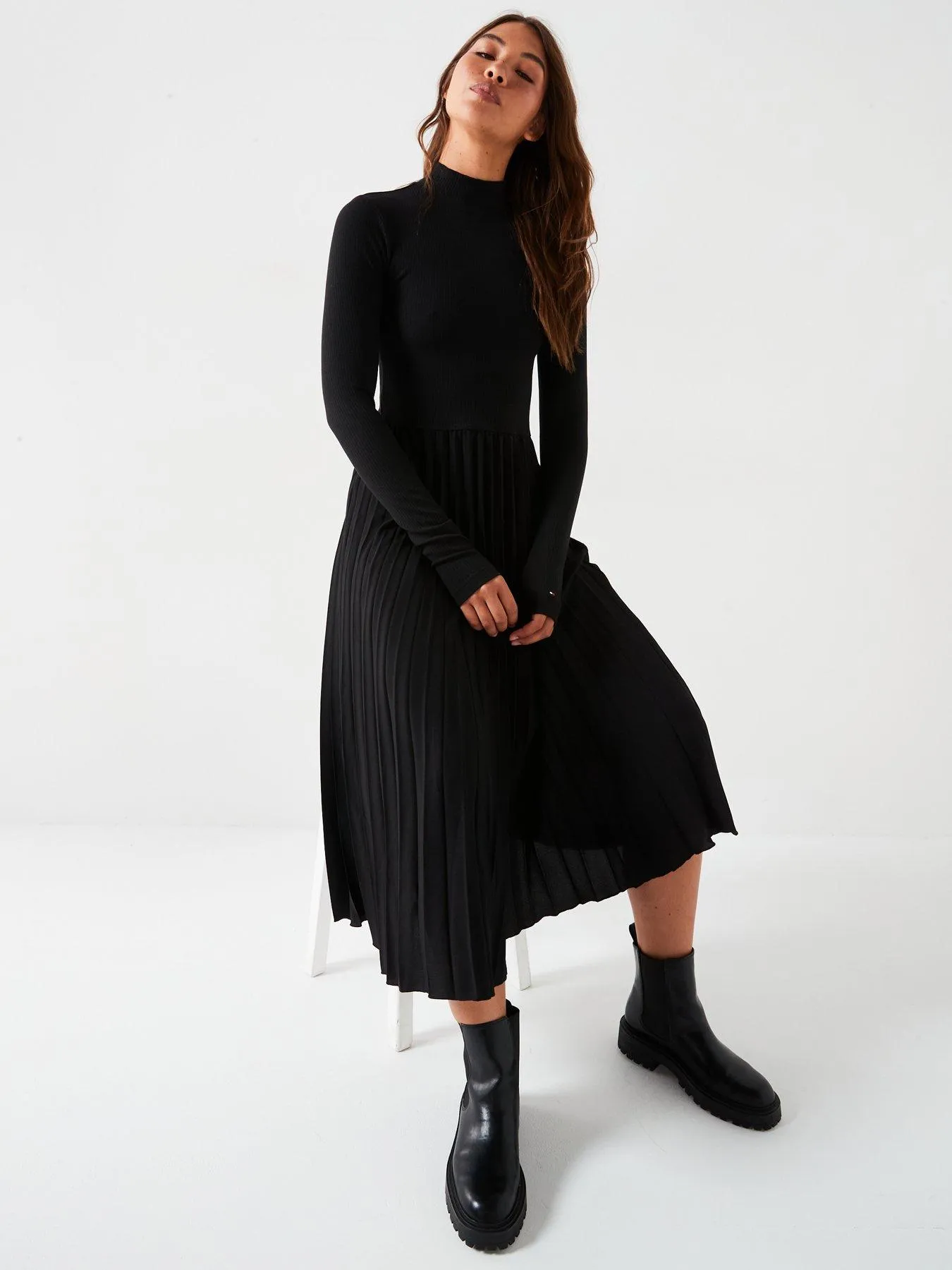 Tommy Hilfiger Pleated Long Sleeve Dress - Black