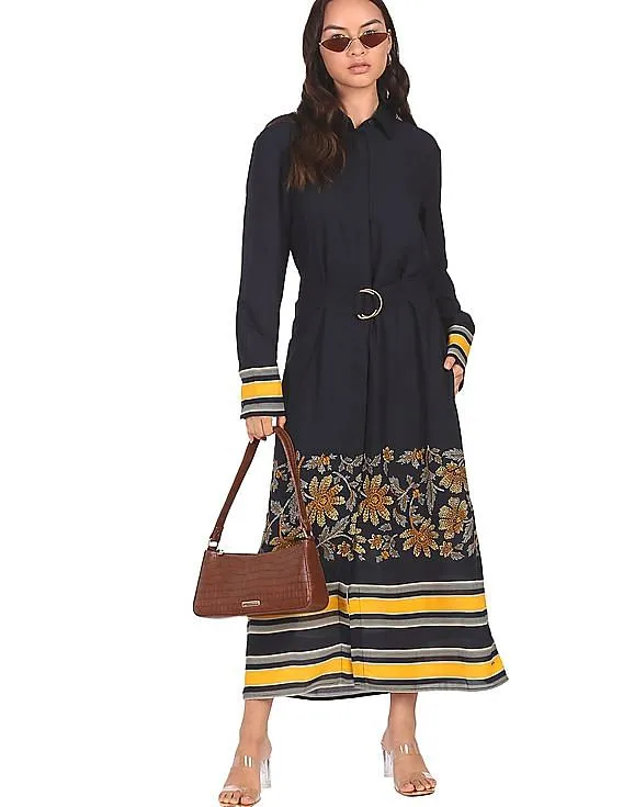 Tommy Hilfiger Women Navy Floral Print Belted Shirt Dress