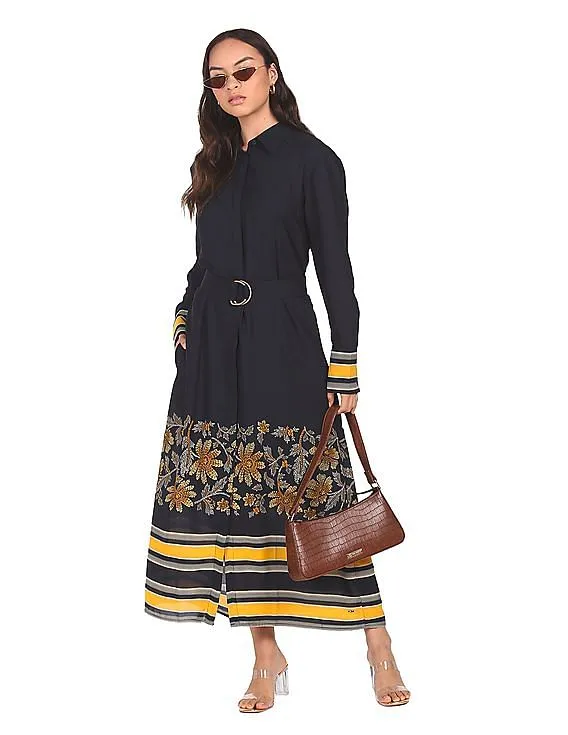 Tommy Hilfiger Women Navy Floral Print Belted Shirt Dress