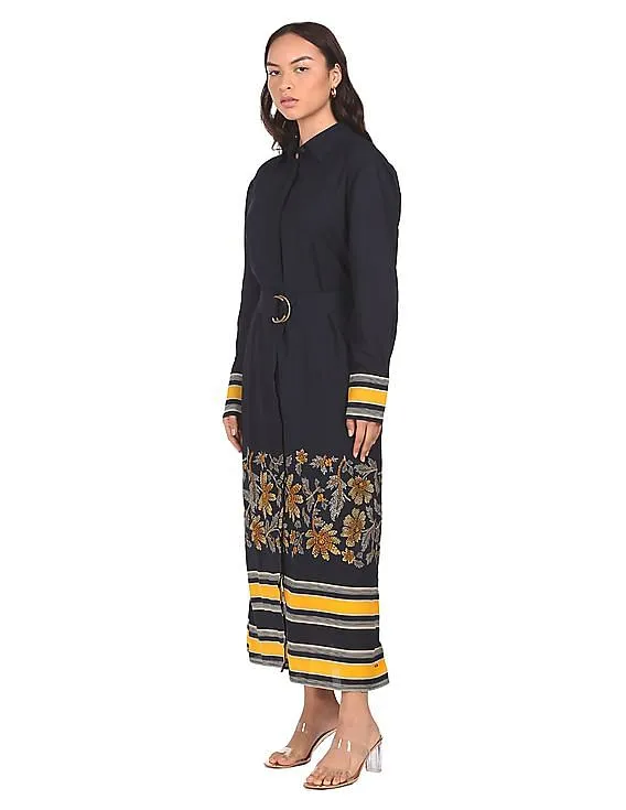 Tommy Hilfiger Women Navy Floral Print Belted Shirt Dress