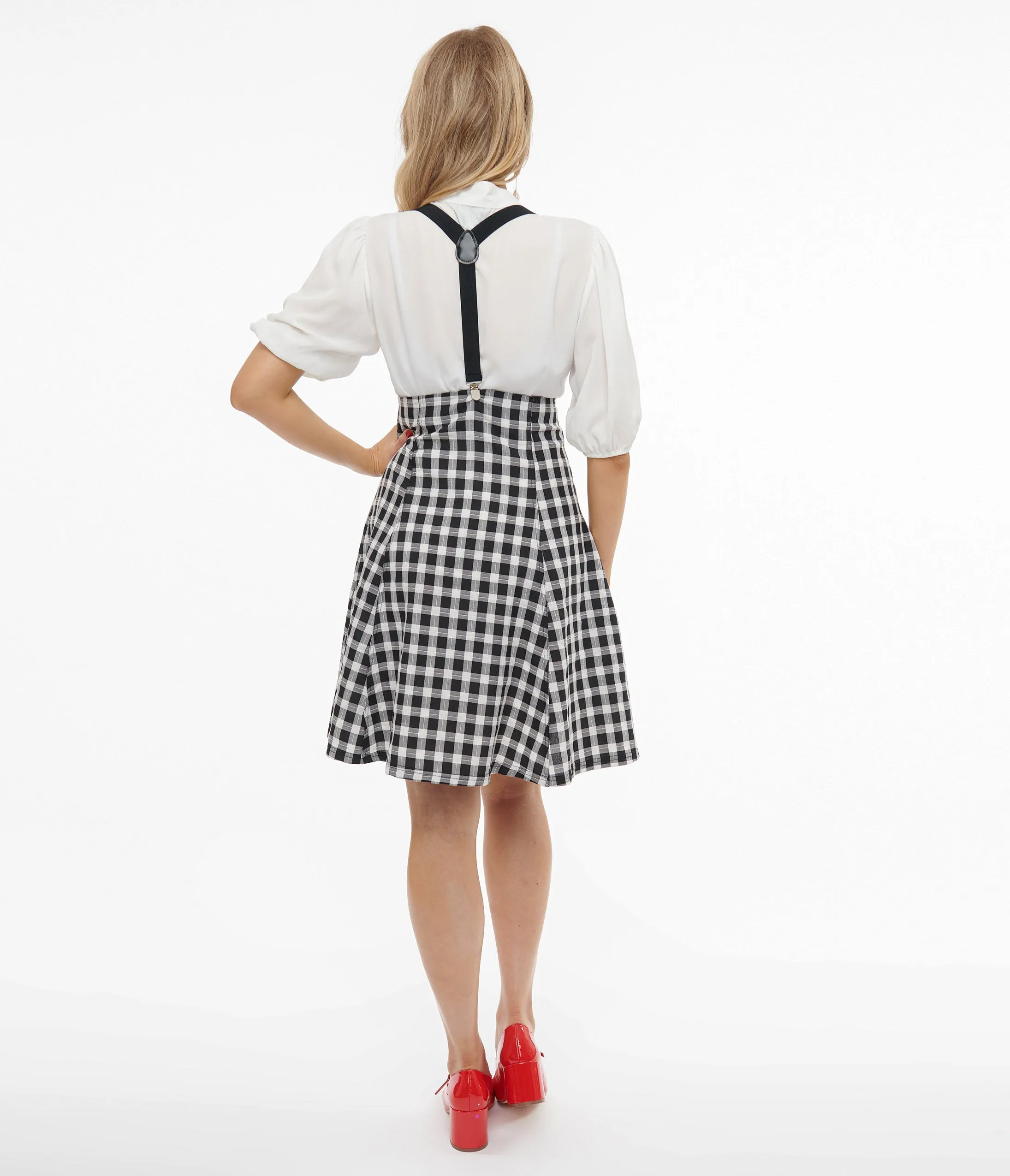 Unique Vintage 1950s Black & White Gingham Suspender Flare Skirt