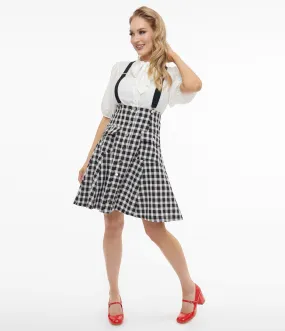 Unique Vintage 1950s Black & White Gingham Suspender Flare Skirt