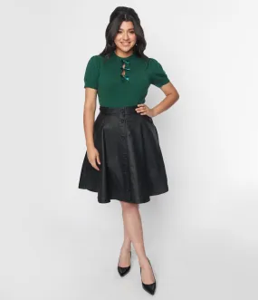 Unique Vintage Black Vegan Leather Flare Skirt