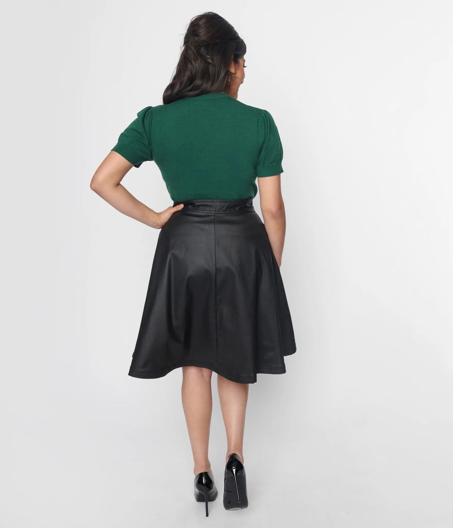 Unique Vintage Black Vegan Leather Flare Skirt