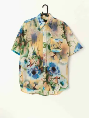 Vintage abstract shirt with artistic watercolour style floral summer garden pattern – Medium