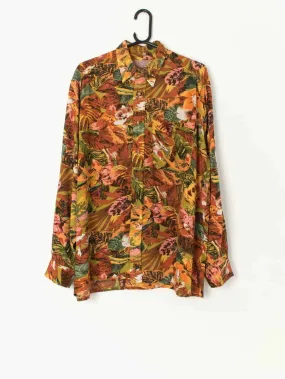 Vintage orange floral shirt with crazy tropical plant, summer garden print – Large