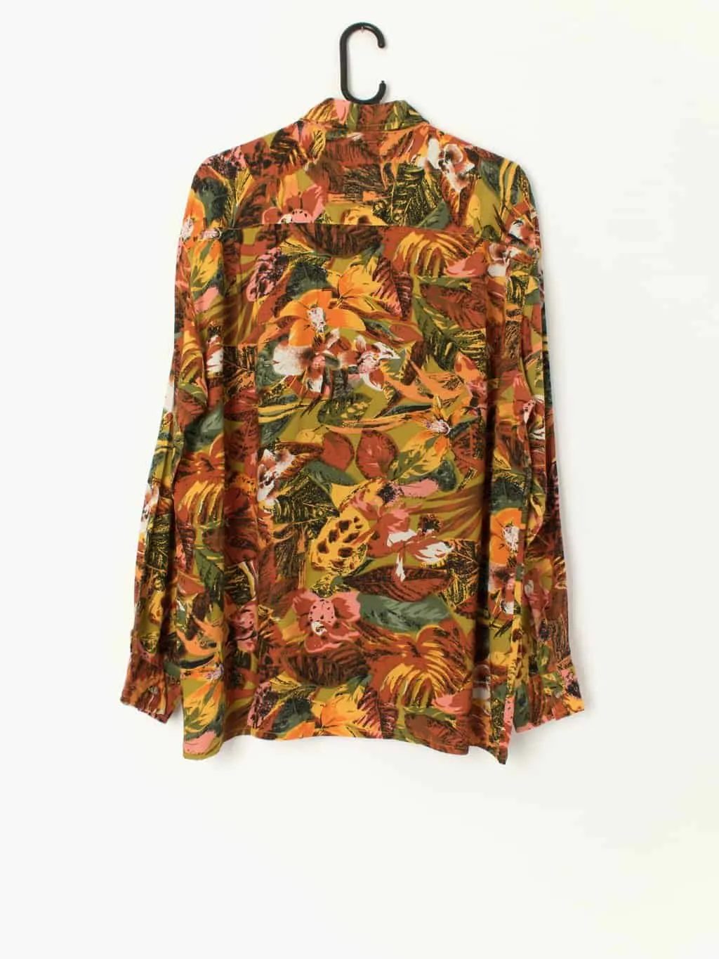 Vintage orange floral shirt with crazy tropical plant, summer garden print – Large