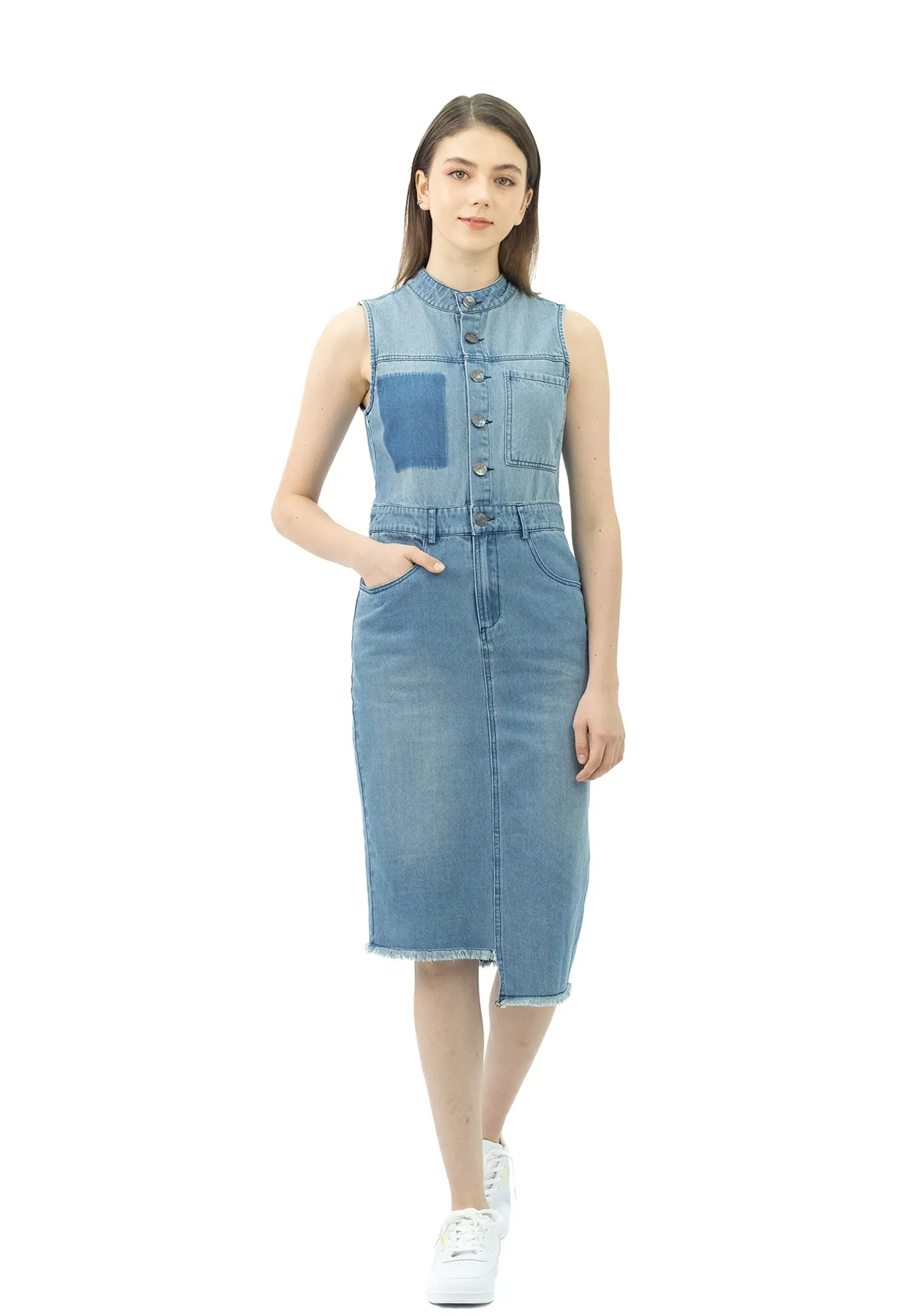 VOIR JEANS Button Front Sleeveless Denim Dress