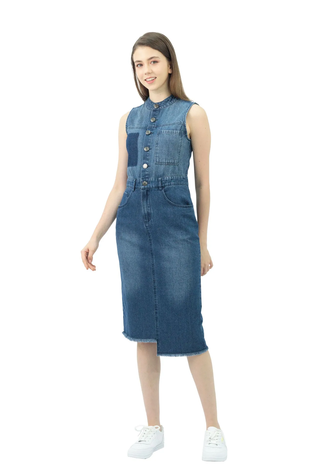 VOIR JEANS Button Front Sleeveless Denim Dress