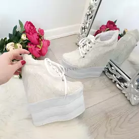 White Cream Lace Up Sport Wedge Platform Shoes