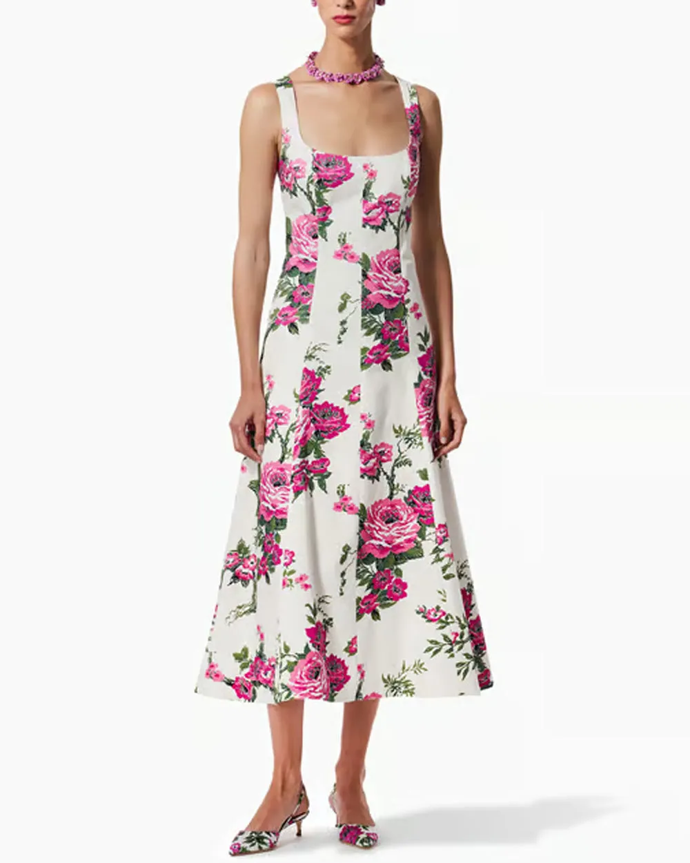 White Floral Print Sleeveless Button Front Midi Dress