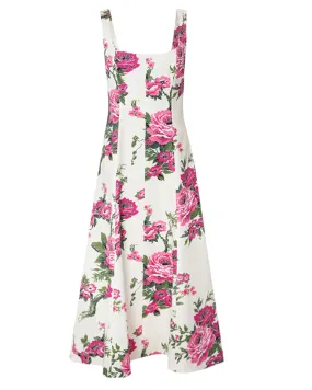 White Floral Print Sleeveless Button Front Midi Dress