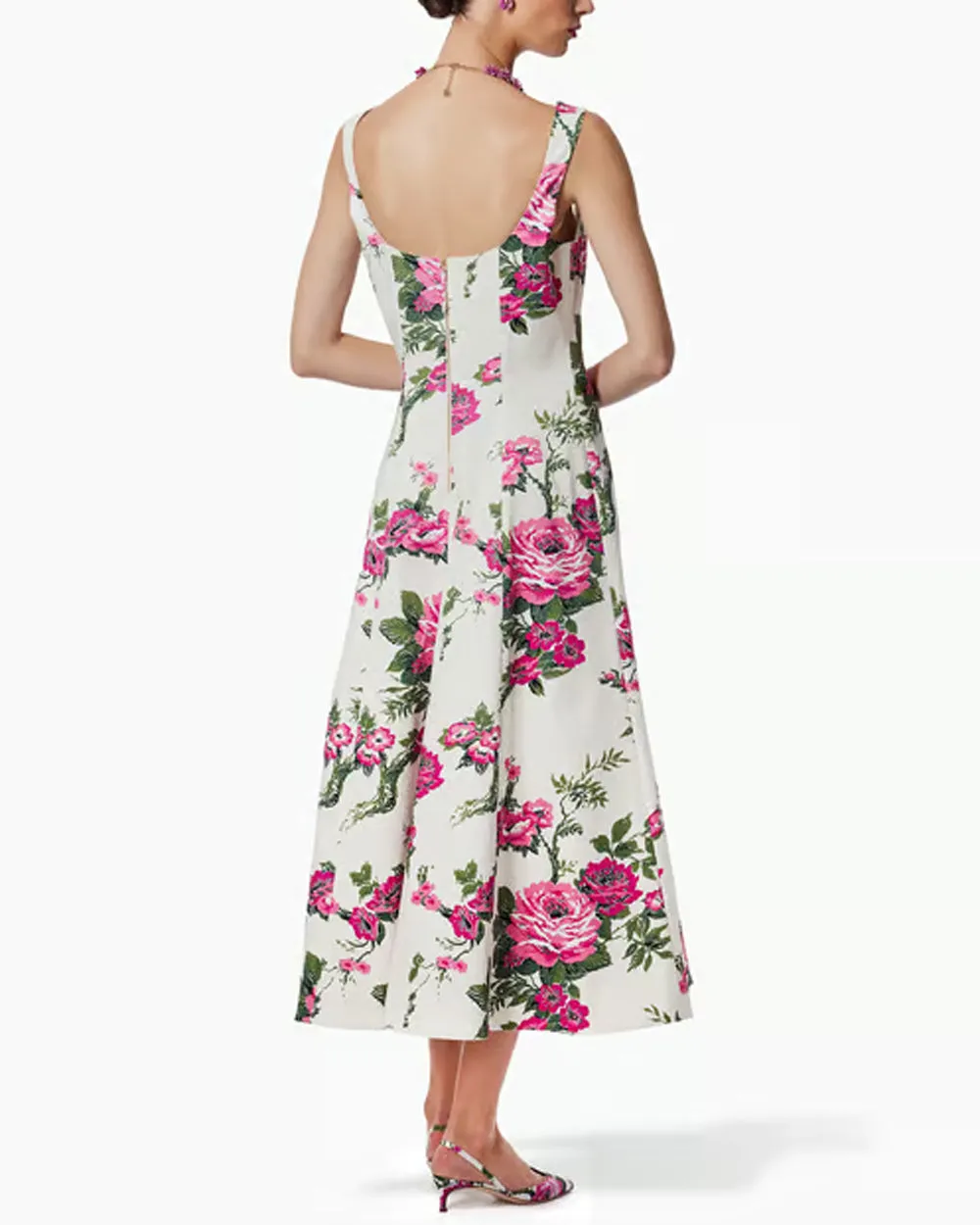 White Floral Print Sleeveless Button Front Midi Dress