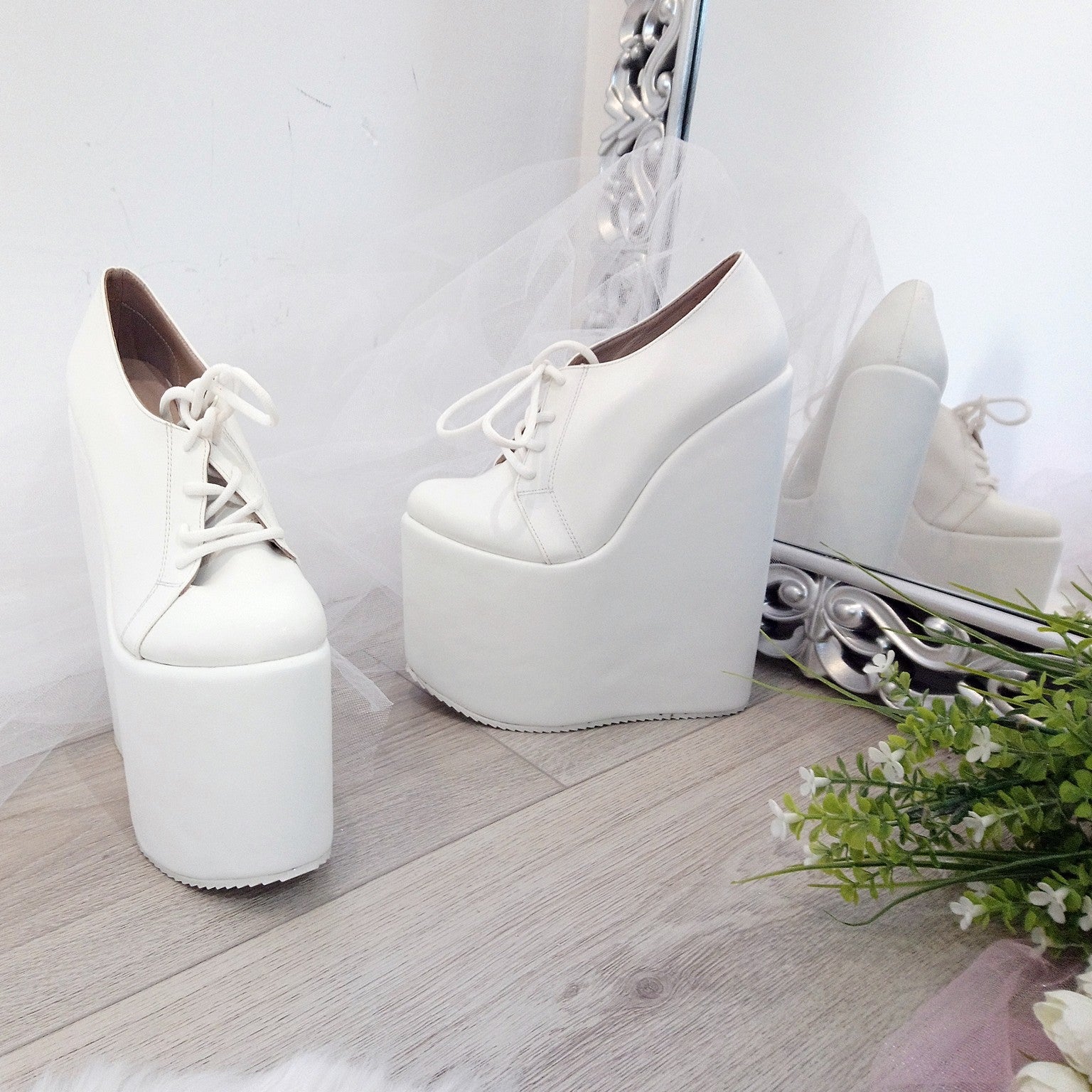 White Lace up High Heel Wedge Shoes Wedding / Bridal