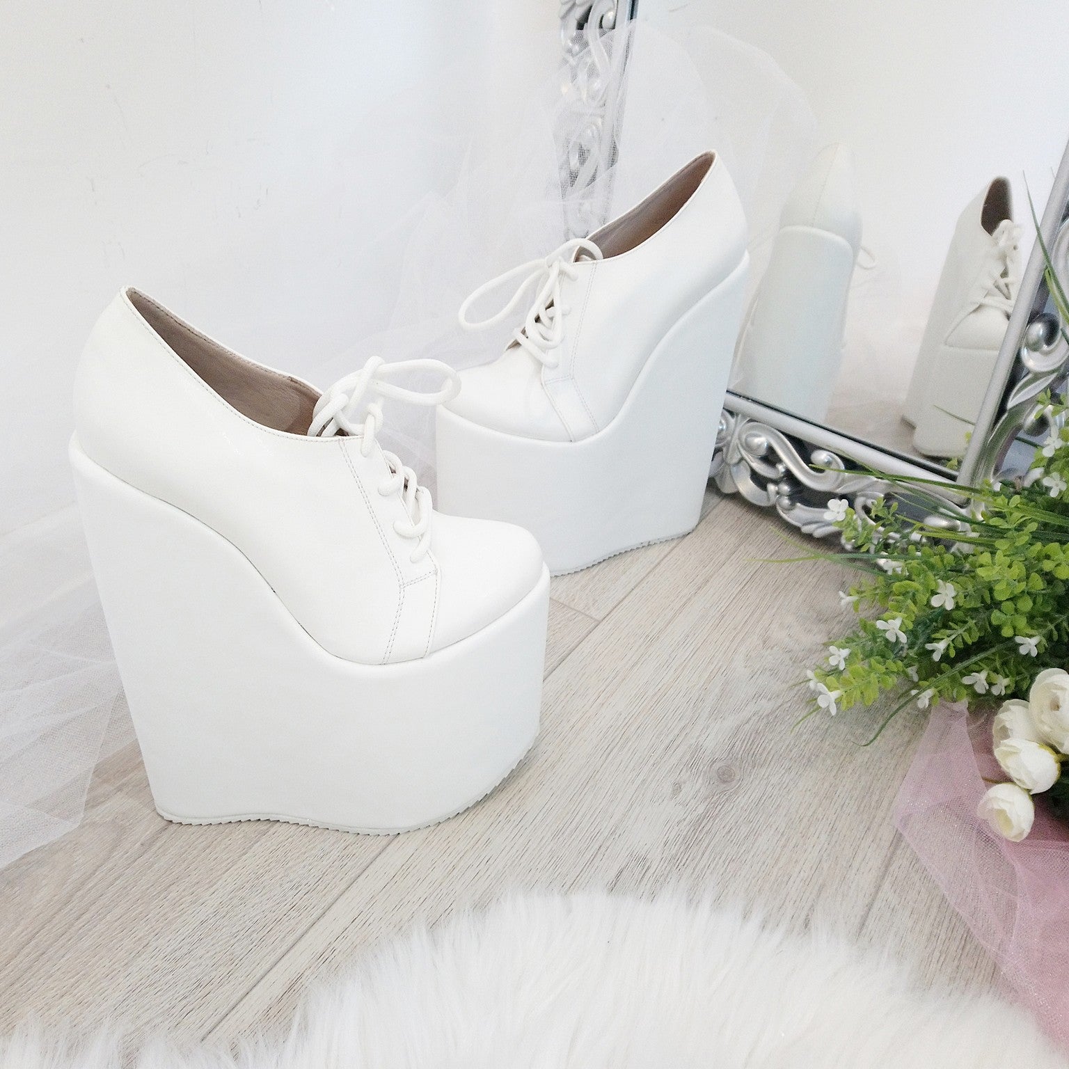 White Lace up High Heel Wedge Shoes Wedding / Bridal