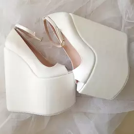 White Peep Toe Super High Heel Wedding Wedge Shoes