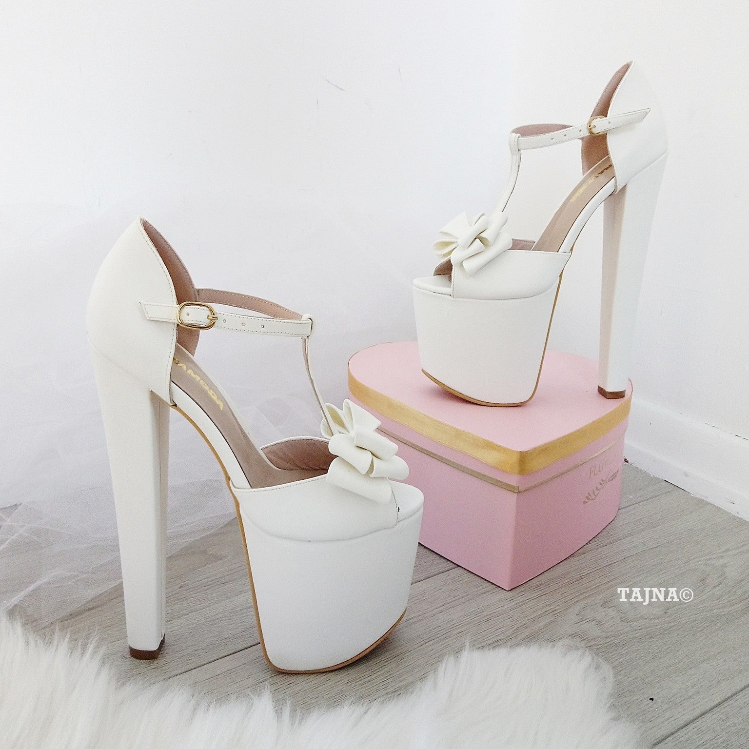 White Ribbon Ankle Strap High Heel Platform Bride Shoes