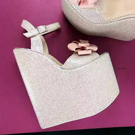 White Shimmer Ribbon Detail Wedge Platform Sandals