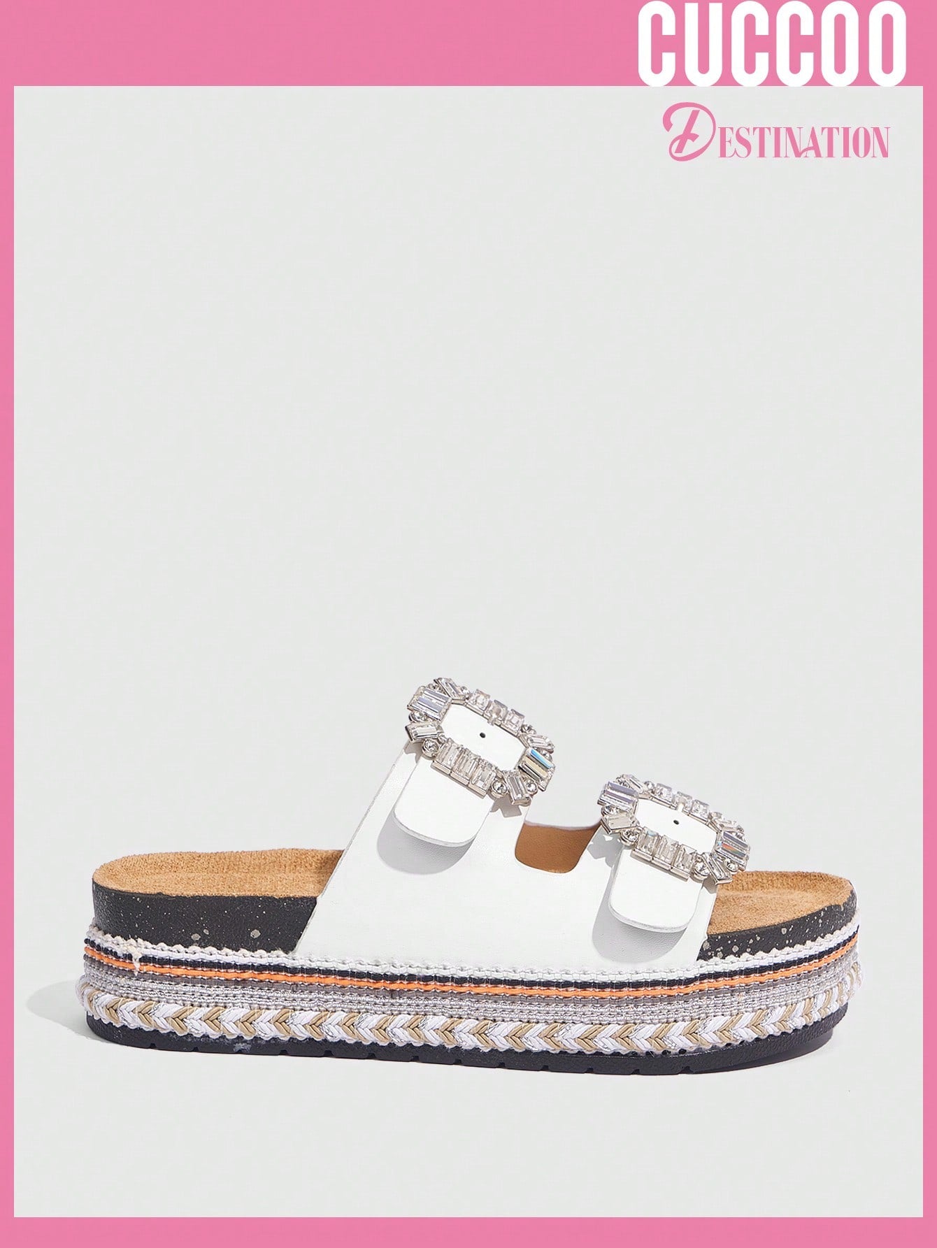 Woman Shoes Comfortable Square Rhinestone Buckle Round Toe Flat/Platform Fashionable Casual Pu Leather White Slippers For Spring