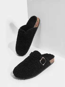 Woman Shoes Round Toe Comfortable Outdoor Black Flat Furry Slippers