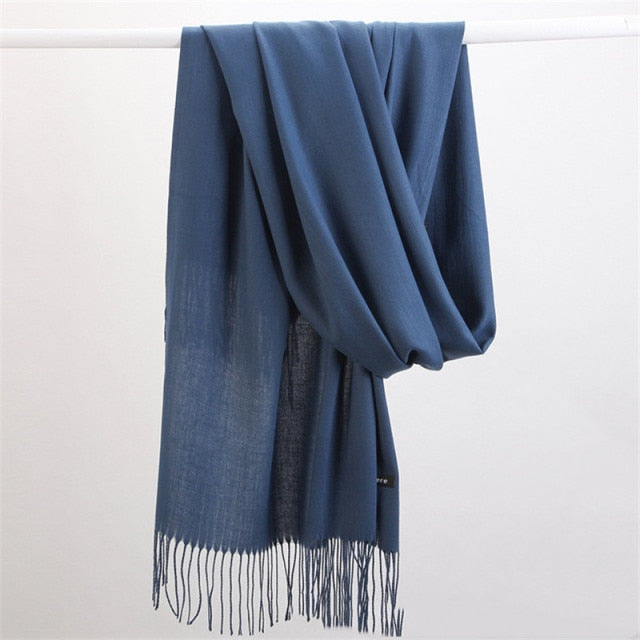 Women Solid Scarf Cashmere Feeling Pashmina Shawls Tassel Hijab