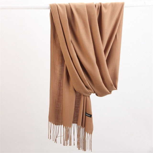 Women Solid Scarf Cashmere Feeling Pashmina Shawls Tassel Hijab