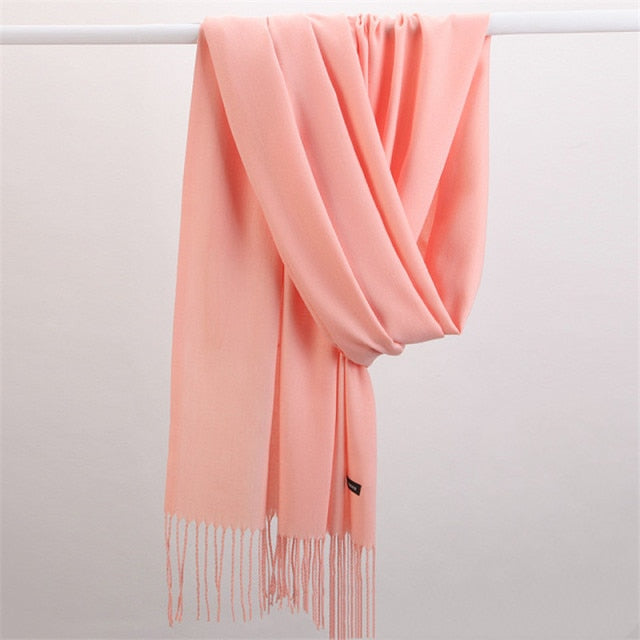 Women Solid Scarf Cashmere Feeling Pashmina Shawls Tassel Hijab