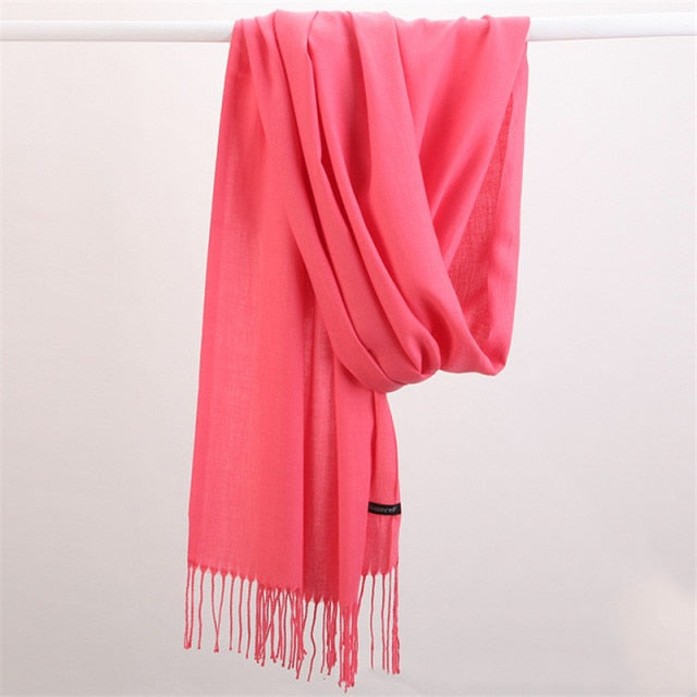 Women Solid Scarf Cashmere Feeling Pashmina Shawls Tassel Hijab