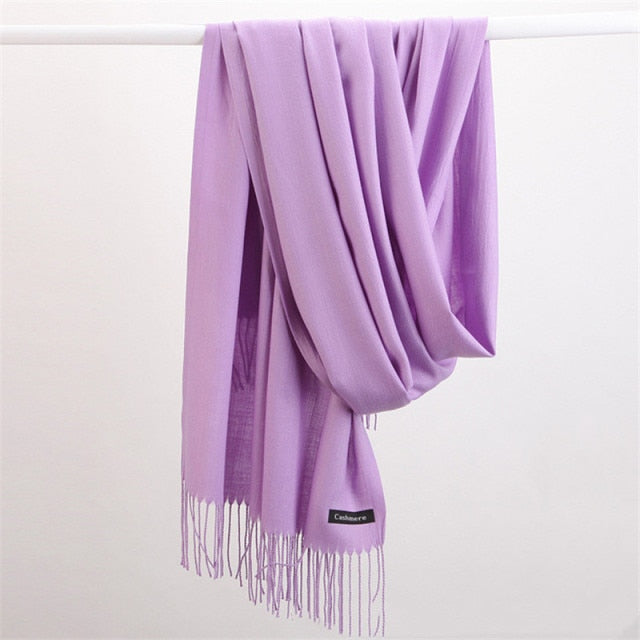 Women Solid Scarf Cashmere Feeling Pashmina Shawls Tassel Hijab